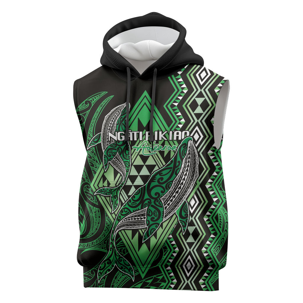 Aotearoa Iwi Ngati Pikiao Personalised Sleeveless Hoodie NZ Maori Humpback Whale Taniko Motifs LT14 Green - Polynesian Pride