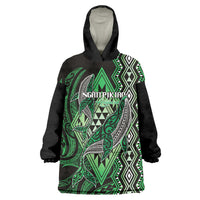 Aotearoa Iwi Ngati Pikiao Personalised Wearable Blanket Hoodie NZ Maori Humpback Whale Taniko Motifs LT14 One Size Green - Polynesian Pride