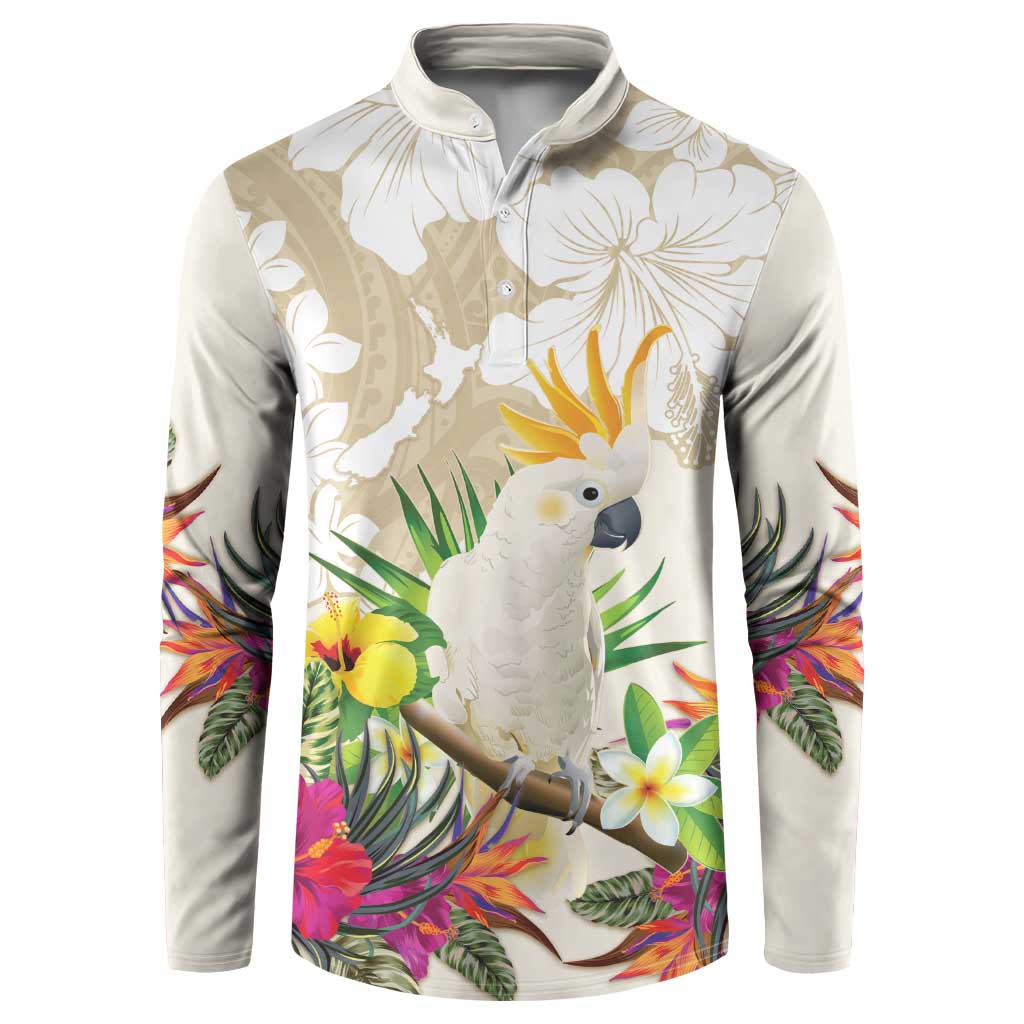 New Zealand Cacatua Galerita Button Sweatshirt Aotearoa Cockatoo Tropical Flowers