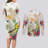 New Zealand Cacatua Galerita Couples Matching Long Sleeve Bodycon Dress and Long Sleeve Button Shirt Aotearoa Cockatoo Tropical Flowers LT14 - Polynesian Pride
