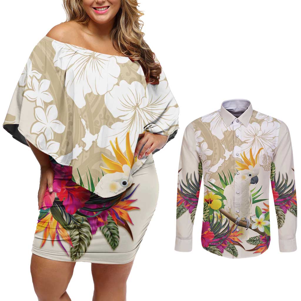 New Zealand Cacatua Galerita Couples Matching Off Shoulder Short Dress and Long Sleeve Button Shirt Aotearoa Cockatoo Tropical Flowers LT14 Beige - Polynesian Pride