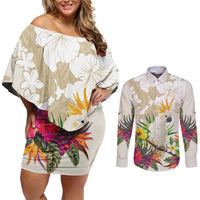 New Zealand Cacatua Galerita Couples Matching Off Shoulder Short Dress and Long Sleeve Button Shirt Aotearoa Cockatoo Tropical Flowers LT14 Beige - Polynesian Pride