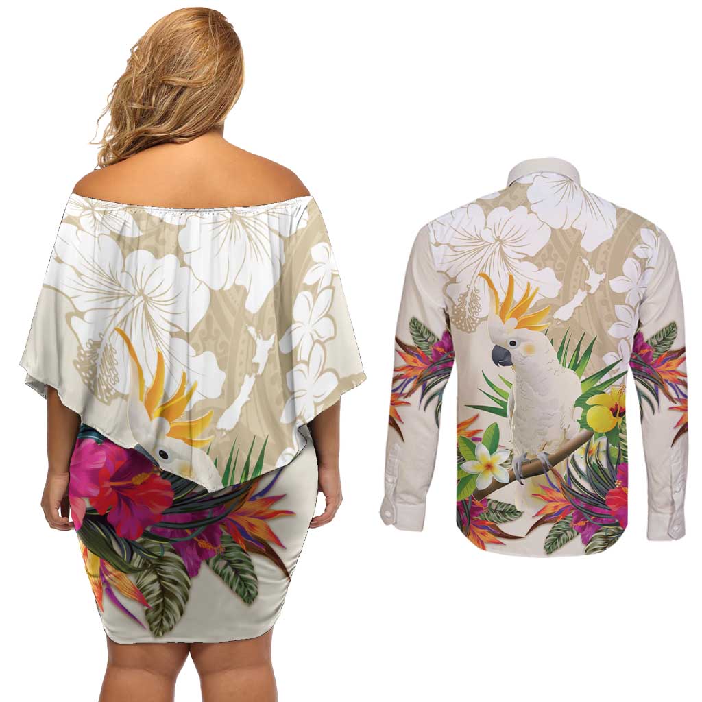New Zealand Cacatua Galerita Couples Matching Off Shoulder Short Dress and Long Sleeve Button Shirt Aotearoa Cockatoo Tropical Flowers LT14 - Polynesian Pride