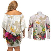 New Zealand Cacatua Galerita Couples Matching Off Shoulder Short Dress and Long Sleeve Button Shirt Aotearoa Cockatoo Tropical Flowers LT14 - Polynesian Pride