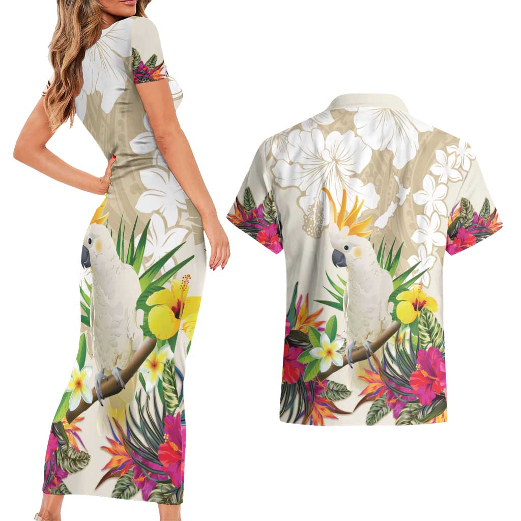 New Zealand Cacatua Galerita Couples Matching Short Sleeve Bodycon Dress and Hawaiian Shirt Aotearoa Cockatoo Tropical Flowers LT14 - Polynesian Pride