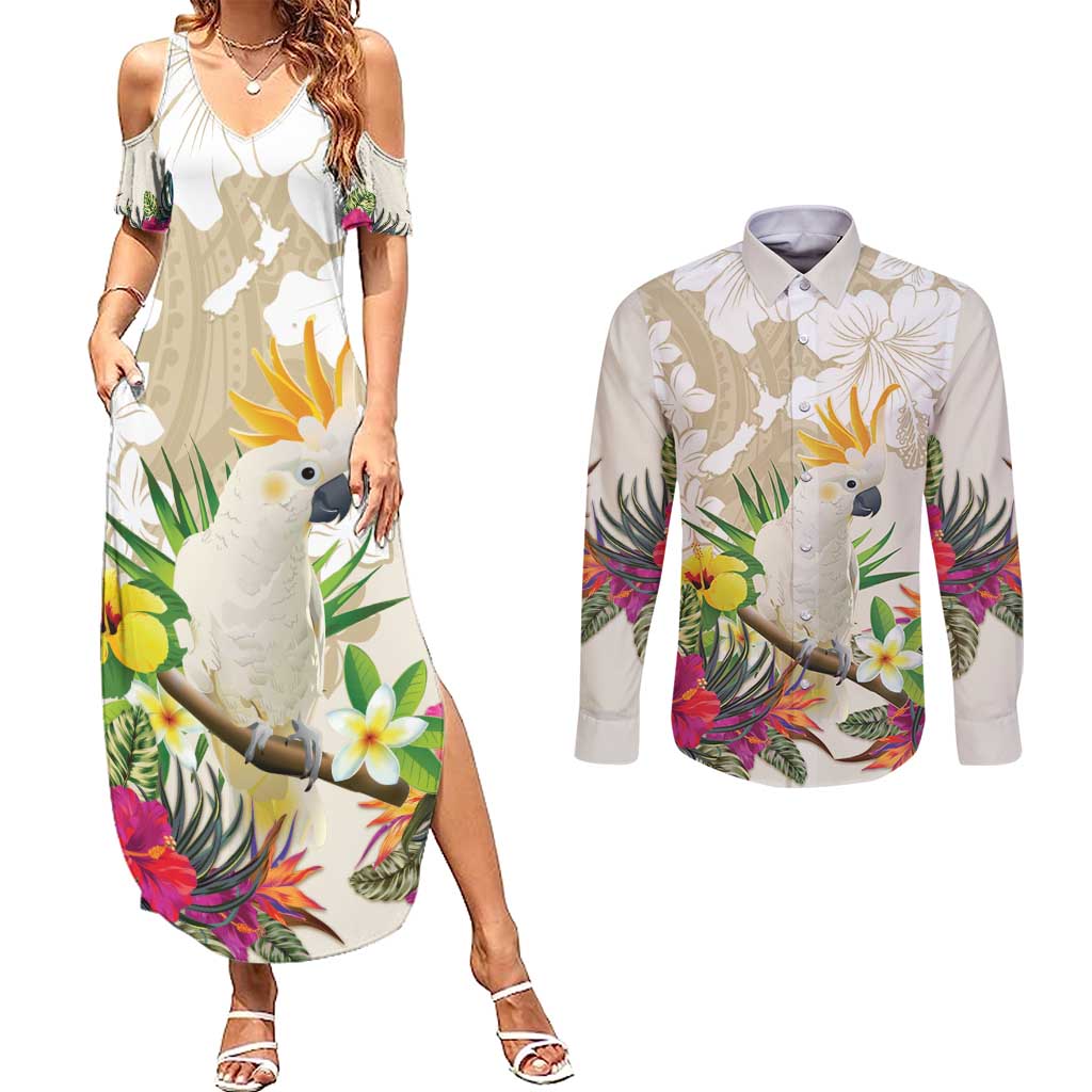 New Zealand Cacatua Galerita Couples Matching Summer Maxi Dress and Long Sleeve Button Shirt Aotearoa Cockatoo Tropical Flowers LT14 Beige - Polynesian Pride