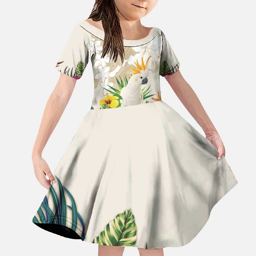 New Zealand Cacatua Galerita Family Matching Long Sleeve Bodycon Dress and Hawaiian Shirt Aotearoa Cockatoo Tropical Flowers LT14 Daughter's Dress Beige - Polynesian Pride