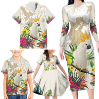 New Zealand Cacatua Galerita Family Matching Long Sleeve Bodycon Dress and Hawaiian Shirt Aotearoa Cockatoo Tropical Flowers LT14 - Polynesian Pride