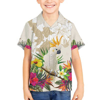 New Zealand Cacatua Galerita Family Matching Long Sleeve Bodycon Dress and Hawaiian Shirt Aotearoa Cockatoo Tropical Flowers LT14 Son's Shirt Beige - Polynesian Pride