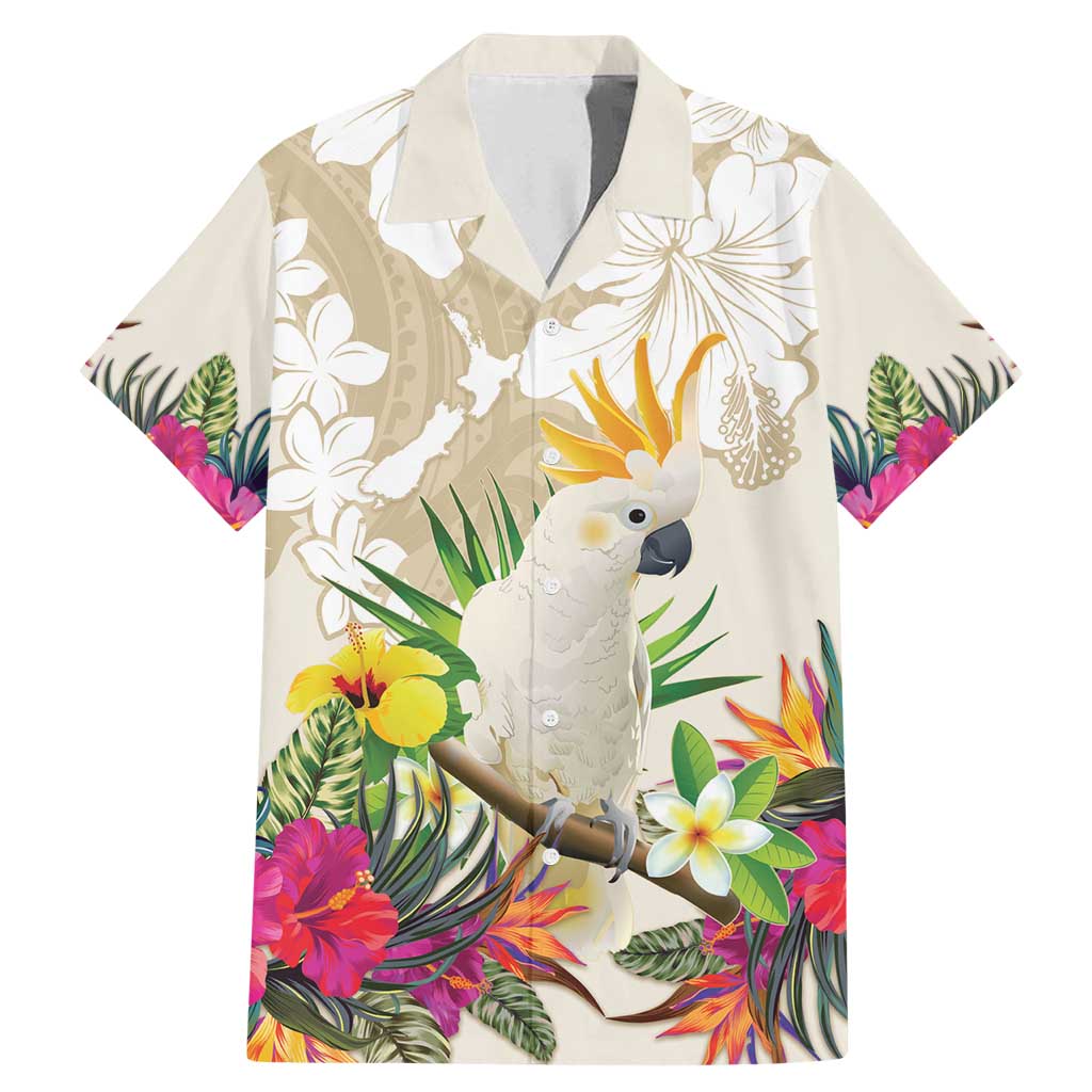 New Zealand Cacatua Galerita Family Matching Mermaid Dress and Hawaiian Shirt Aotearoa Cockatoo Tropical Flowers LT14 Dad's Shirt - Short Sleeve Beige - Polynesian Pride