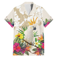 New Zealand Cacatua Galerita Family Matching Mermaid Dress and Hawaiian Shirt Aotearoa Cockatoo Tropical Flowers LT14 Dad's Shirt - Short Sleeve Beige - Polynesian Pride
