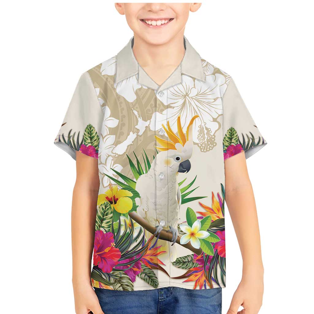 New Zealand Cacatua Galerita Family Matching Mermaid Dress and Hawaiian Shirt Aotearoa Cockatoo Tropical Flowers LT14 Son's Shirt Beige - Polynesian Pride