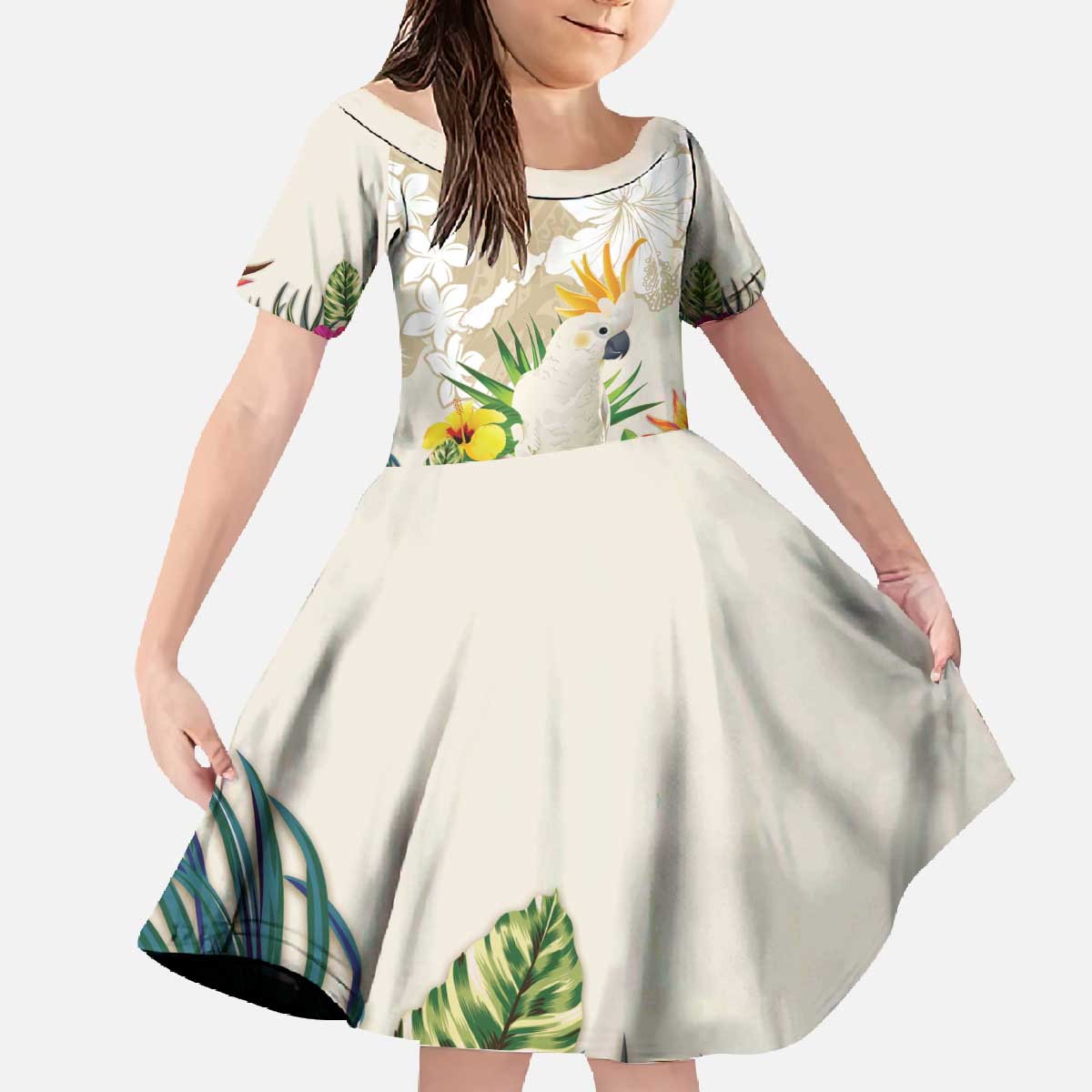 New Zealand Cacatua Galerita Family Matching Off The Shoulder Long Sleeve Dress and Hawaiian Shirt Aotearoa Cockatoo Tropical Flowers LT14 Daughter's Dress Beige - Polynesian Pride
