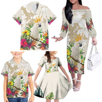 New Zealand Cacatua Galerita Family Matching Off The Shoulder Long Sleeve Dress and Hawaiian Shirt Aotearoa Cockatoo Tropical Flowers LT14 - Polynesian Pride
