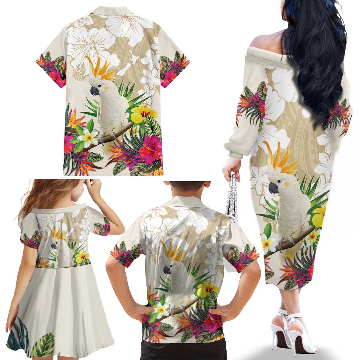 New Zealand Cacatua Galerita Family Matching Off The Shoulder Long Sleeve Dress and Hawaiian Shirt Aotearoa Cockatoo Tropical Flowers LT14 - Polynesian Pride