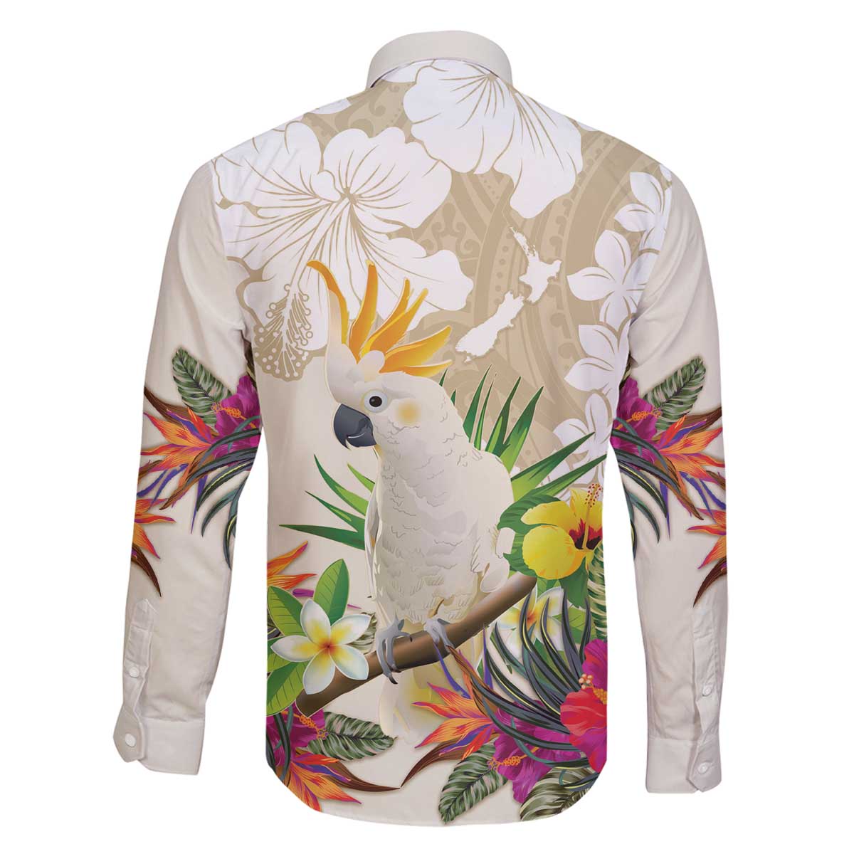 New Zealand Cacatua Galerita Family Matching Off The Shoulder Long Sleeve Dress and Hawaiian Shirt Aotearoa Cockatoo Tropical Flowers LT14 - Polynesian Pride
