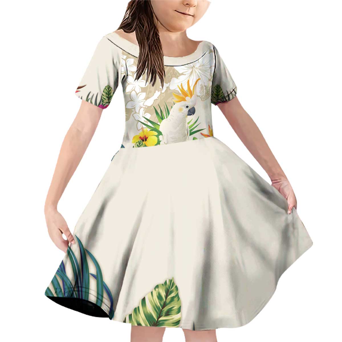 New Zealand Cacatua Galerita Family Matching Off Shoulder Short Dress and Hawaiian Shirt Aotearoa Cockatoo Tropical Flowers LT14 Daughter's Dress Beige - Polynesian Pride