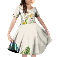 New Zealand Cacatua Galerita Family Matching Off Shoulder Short Dress and Hawaiian Shirt Aotearoa Cockatoo Tropical Flowers LT14 Daughter's Dress Beige - Polynesian Pride