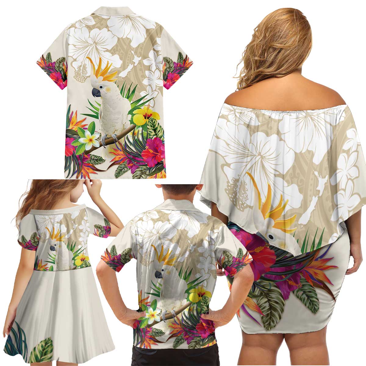 New Zealand Cacatua Galerita Family Matching Off Shoulder Short Dress and Hawaiian Shirt Aotearoa Cockatoo Tropical Flowers LT14 - Polynesian Pride
