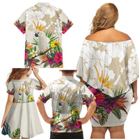 New Zealand Cacatua Galerita Family Matching Off Shoulder Short Dress and Hawaiian Shirt Aotearoa Cockatoo Tropical Flowers LT14 - Polynesian Pride
