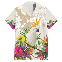 New Zealand Cacatua Galerita Family Matching Off Shoulder Short Dress and Hawaiian Shirt Aotearoa Cockatoo Tropical Flowers LT14 Dad's Shirt - Short Sleeve Beige - Polynesian Pride