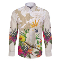New Zealand Cacatua Galerita Family Matching Off Shoulder Short Dress and Hawaiian Shirt Aotearoa Cockatoo Tropical Flowers LT14 Dad's Shirt - Long Sleeve Beige - Polynesian Pride