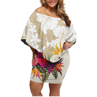New Zealand Cacatua Galerita Family Matching Off Shoulder Short Dress and Hawaiian Shirt Aotearoa Cockatoo Tropical Flowers LT14 Mom's Dress Beige - Polynesian Pride