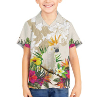 New Zealand Cacatua Galerita Family Matching Off Shoulder Short Dress and Hawaiian Shirt Aotearoa Cockatoo Tropical Flowers LT14 Son's Shirt Beige - Polynesian Pride