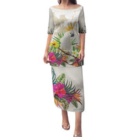 New Zealand Cacatua Galerita Family Matching Puletasi and Hawaiian Shirt Aotearoa Cockatoo Tropical Flowers LT14 Mom's Dress Beige - Polynesian Pride