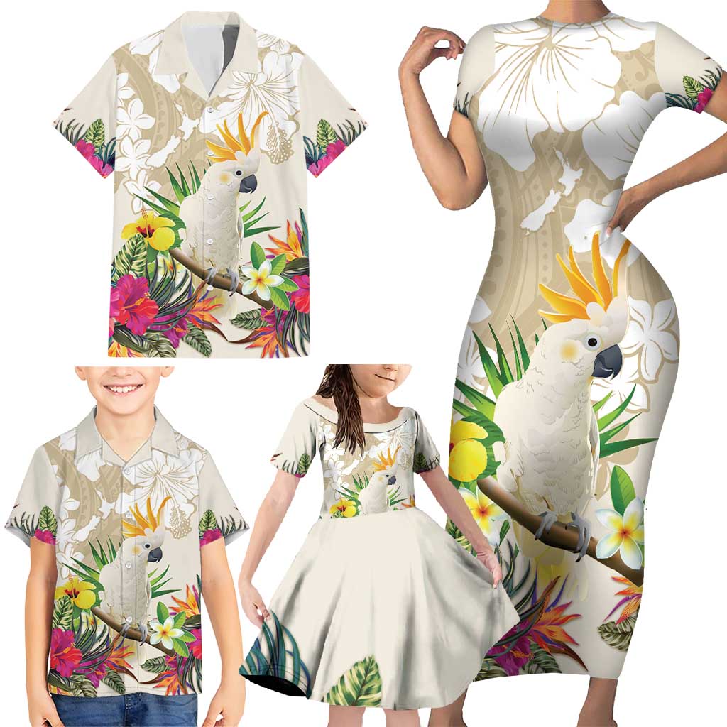 New Zealand Cacatua Galerita Family Matching Short Sleeve Bodycon Dress and Hawaiian Shirt Aotearoa Cockatoo Tropical Flowers LT14 - Polynesian Pride