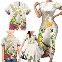New Zealand Cacatua Galerita Family Matching Short Sleeve Bodycon Dress and Hawaiian Shirt Aotearoa Cockatoo Tropical Flowers LT14 - Polynesian Pride