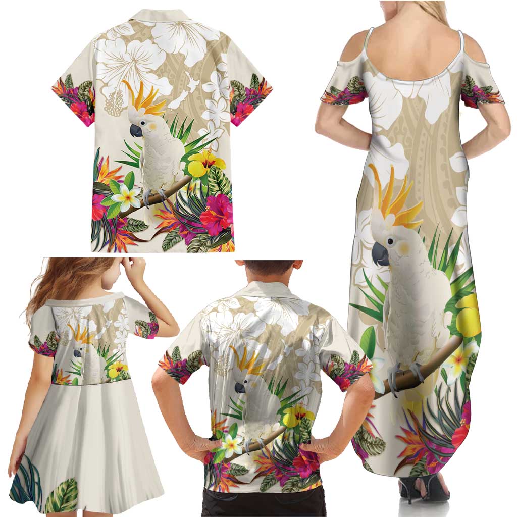 New Zealand Cacatua Galerita Family Matching Summer Maxi Dress and Hawaiian Shirt Aotearoa Cockatoo Tropical Flowers LT14 - Polynesian Pride