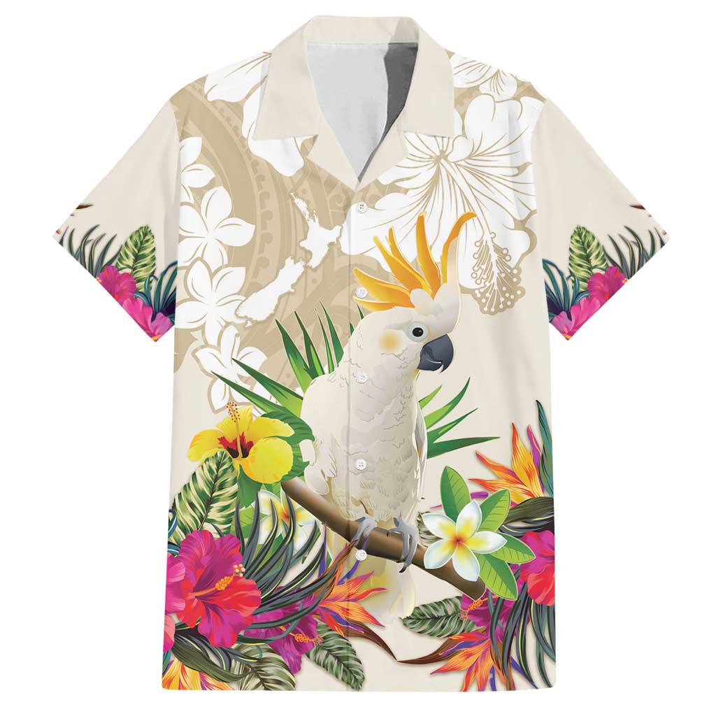 New Zealand Cacatua Galerita Family Matching Summer Maxi Dress and Hawaiian Shirt Aotearoa Cockatoo Tropical Flowers LT14 Dad's Shirt - Short Sleeve Beige - Polynesian Pride