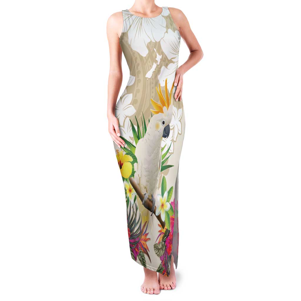 New Zealand Cacatua Galerita Family Matching Tank Maxi Dress and Hawaiian Shirt Aotearoa Cockatoo Tropical Flowers LT14 Mom's Dress Beige - Polynesian Pride