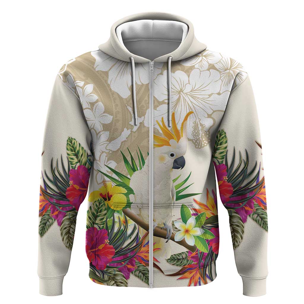 New Zealand Cacatua Galerita Hoodie Aotearoa Cockatoo Tropical Flowers LT14 Zip Hoodie Beige - Polynesian Pride