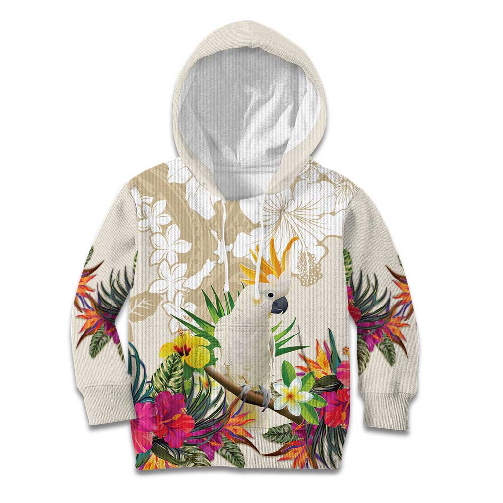 New Zealand Cacatua Galerita Kid Hoodie Aotearoa Cockatoo Tropical Flowers LT14 Hoodie Beige - Polynesian Pride
