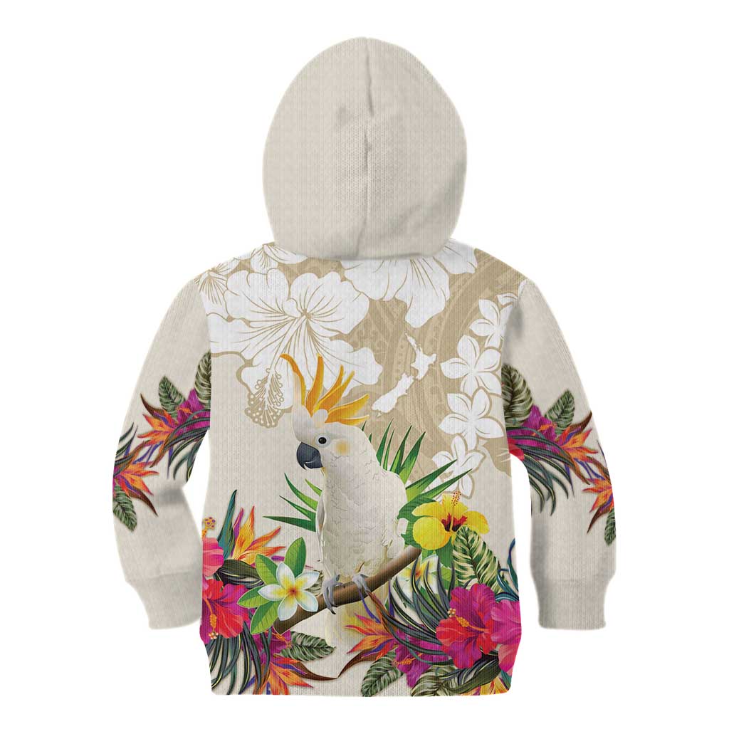 New Zealand Cacatua Galerita Kid Hoodie Aotearoa Cockatoo Tropical Flowers LT14 - Polynesian Pride
