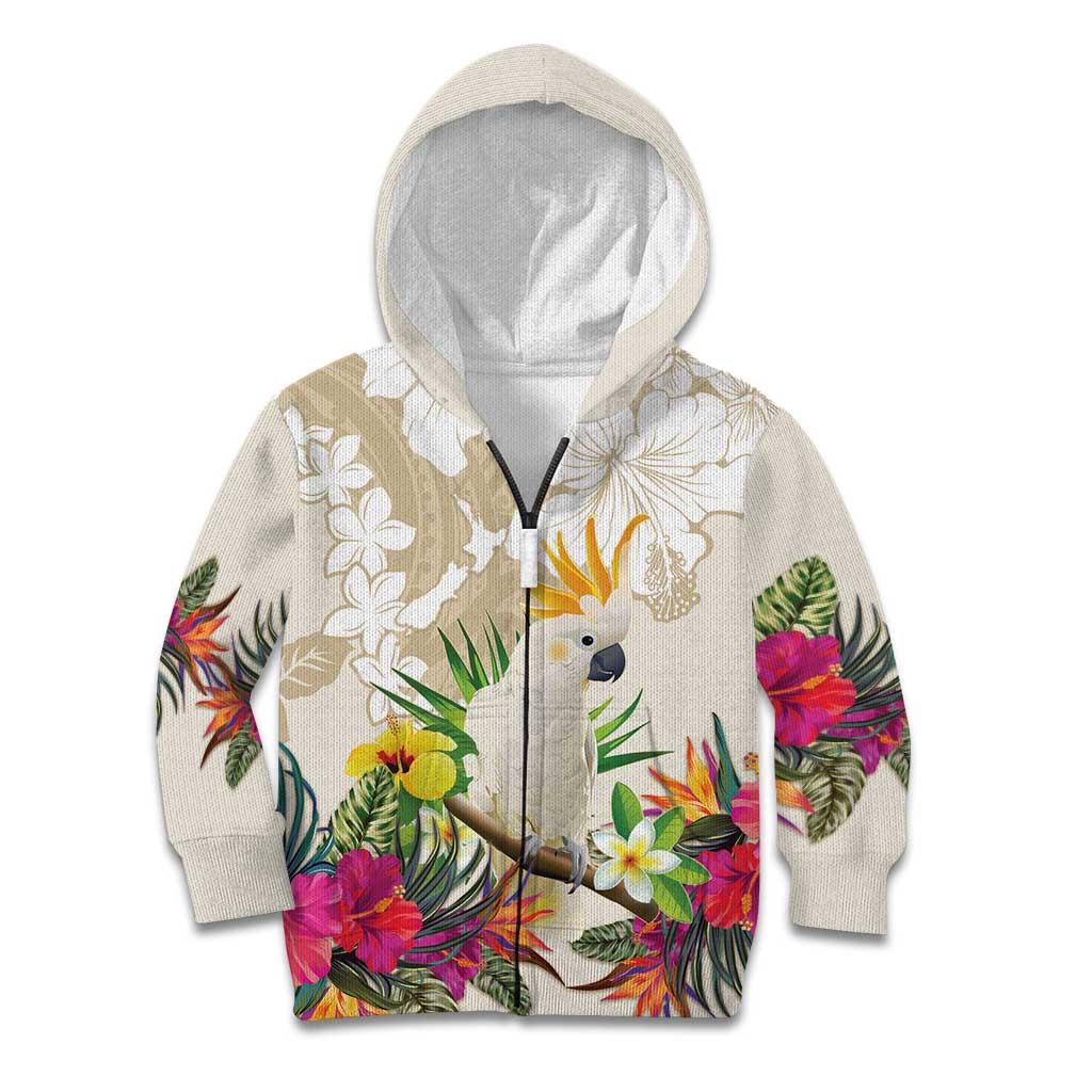 New Zealand Cacatua Galerita Kid Hoodie Aotearoa Cockatoo Tropical Flowers LT14 Zip Hoodie Beige - Polynesian Pride