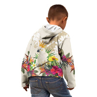New Zealand Cacatua Galerita Kid Hoodie Aotearoa Cockatoo Tropical Flowers LT14 - Polynesian Pride