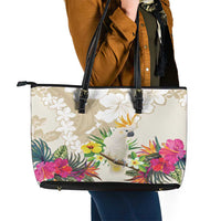New Zealand Cacatua Galerita Leather Tote Bag Aotearoa Cockatoo Tropical Flowers LT14 - Polynesian Pride