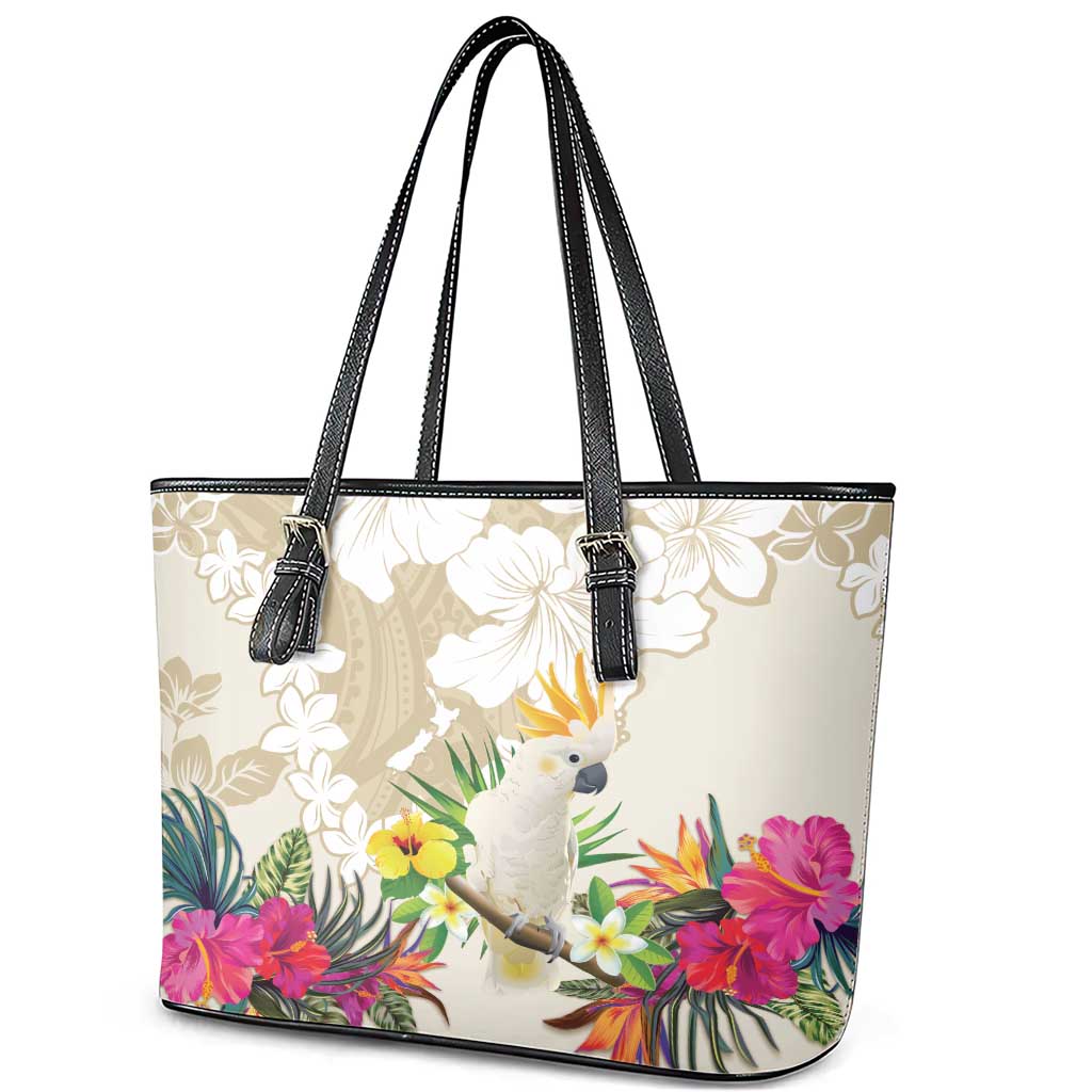 New Zealand Cacatua Galerita Leather Tote Bag Aotearoa Cockatoo Tropical Flowers LT14 - Polynesian Pride