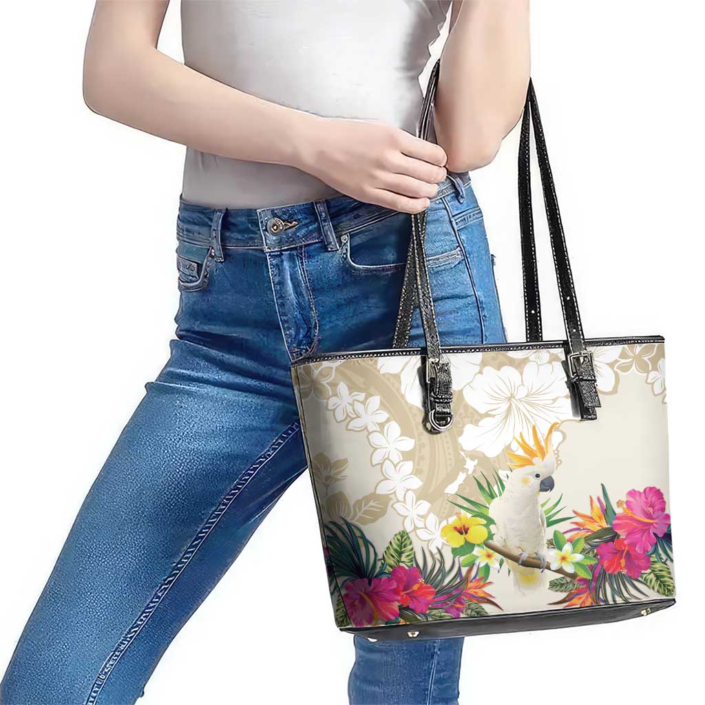 New Zealand Cacatua Galerita Leather Tote Bag Aotearoa Cockatoo Tropical Flowers LT14 - Polynesian Pride