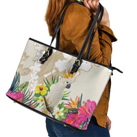 New Zealand Cacatua Galerita Leather Tote Bag Aotearoa Cockatoo Tropical Flowers LT14 - Polynesian Pride