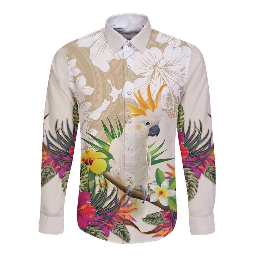New Zealand Cacatua Galerita Long Sleeve Button Shirt Aotearoa Cockatoo Tropical Flowers LT14 Unisex Beige - Polynesian Pride
