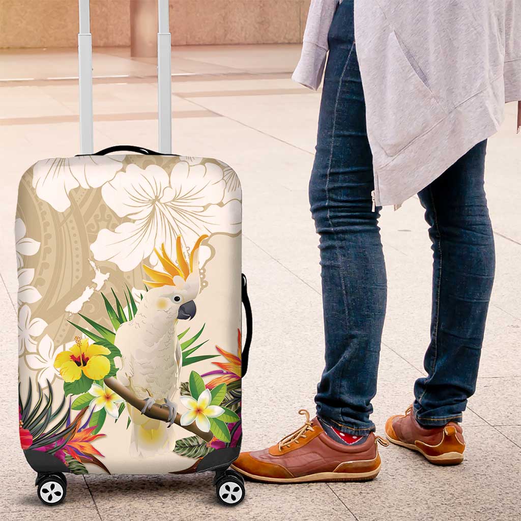 New Zealand Cacatua Galerita Luggage Cover Aotearoa Cockatoo Tropical Flowers LT14 Beige - Polynesian Pride