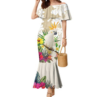 New Zealand Cacatua Galerita Mermaid Dress Aotearoa Cockatoo Tropical Flowers LT14 Women Beige - Polynesian Pride