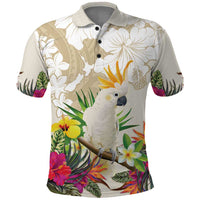 New Zealand Cacatua Galerita Polo Shirt Aotearoa Cockatoo Tropical Flowers LT14 Beige - Polynesian Pride