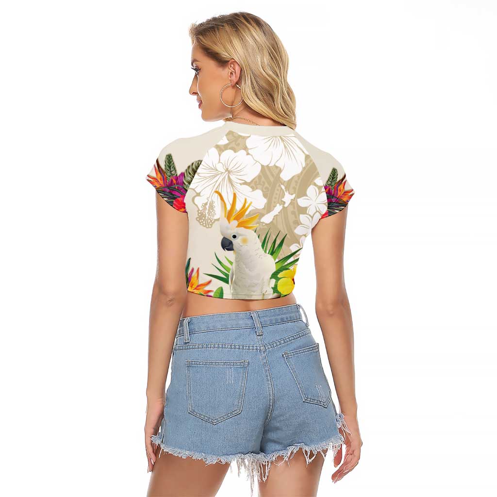 New Zealand Cacatua Galerita Raglan Cropped T Shirt Aotearoa Cockatoo Tropical Flowers