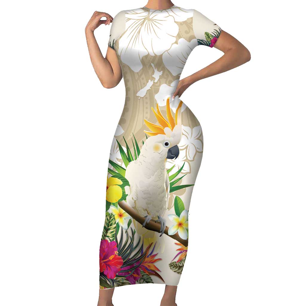 New Zealand Cacatua Galerita Short Sleeve Bodycon Dress Aotearoa Cockatoo Tropical Flowers LT14 Long Dress Beige - Polynesian Pride