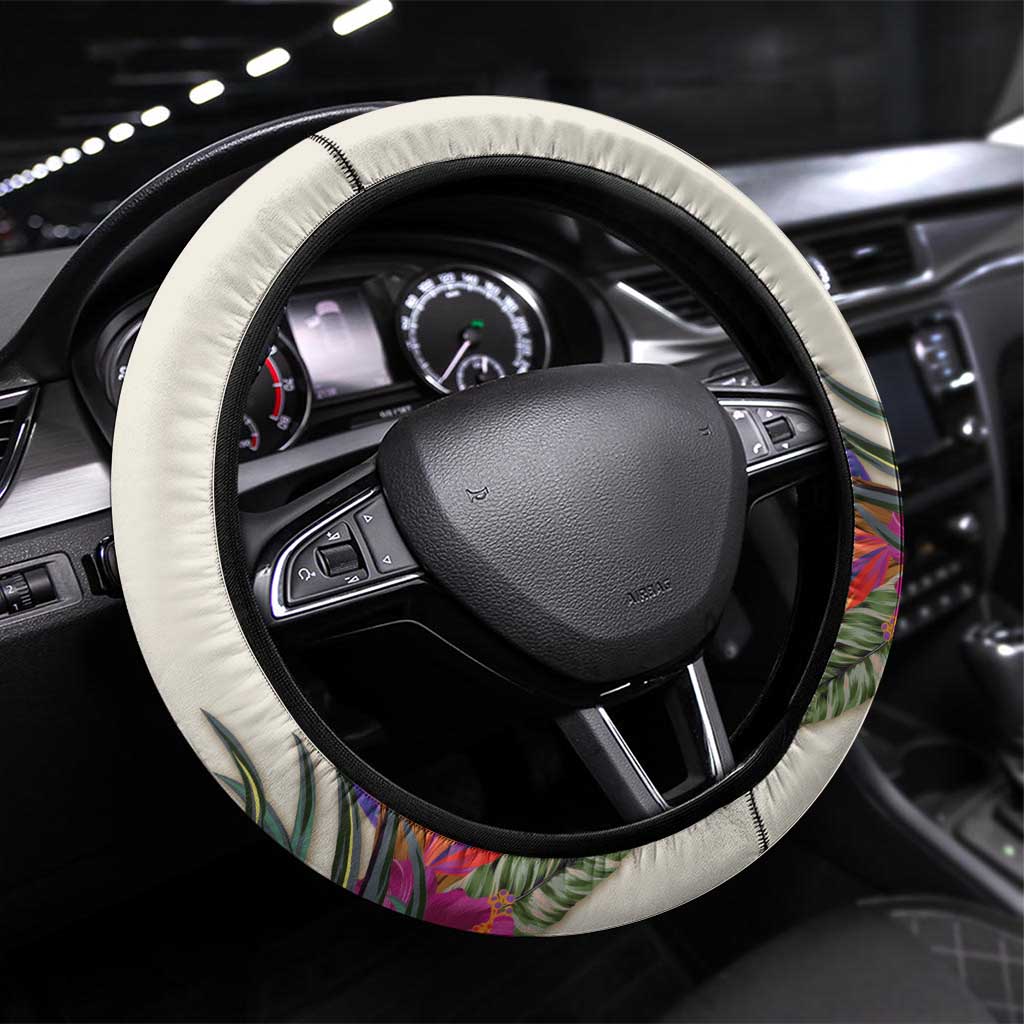 New Zealand Cacatua Galerita Steering Wheel Cover Aotearoa Cockatoo Tropical Flowers LT14 Universal Fit Beige - Polynesian Pride